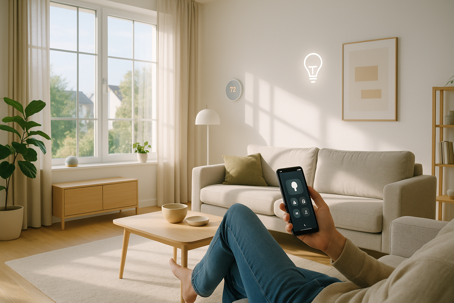 A modern, bright living room showcasing smart home technology.